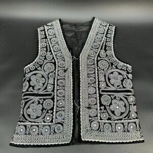 Vintage Waistcoat Afghan Hand Embroidered Mirror Details Black Silver Size 40 Me